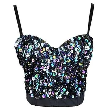 ELLACCI Sexy Sequin Bustier Crop Top Push up Club Party Corset Top Black X-Small