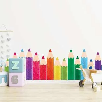 Whaline 8 Sheets Colorful Pencils Wall Decals Waterproof Watercolor Pencils Wall Stickers Educational Peel and Stick Removable Wall Corner Stickers for Playroom Classroom Living Room Blackboard Decor