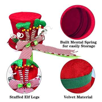 Lordaeron Christmas Tree Topper Hat,Large Red Velvet Hat with Elf Legs and Lengthened Bowknot Christmas Tree Decorations Tabletop Ornaments for Holiday Home Decor