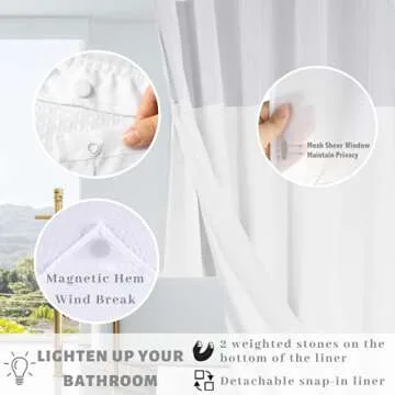 Ecoehoe Hotel Grade Waffle Weave Fabric Hook Free Shower Curtain with Magnets Snap-in Liner - Heavy Duty Bath Curtain with See Through Top Machine Washable 71" W * 79“ L White