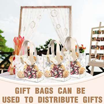 BBTO 16 Pcs Clear Plastic Gift Bags with Handle Transparent Reusable PVC Bags with Fishtail Ribbon for Bridal Party Baby Shower Wedding Shopping, 7.87 x 3.94 x 7.09''(Beige)