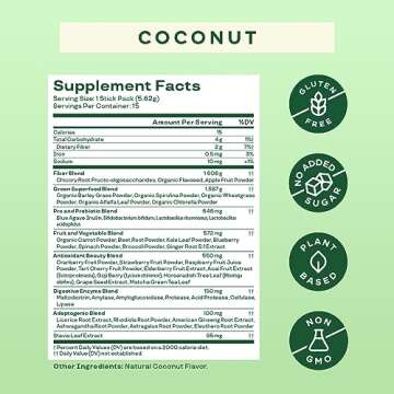 Bloom Nutrition Superfood Greens Powder Stick Packs, Digestive Enzymes with Probiotics and Prebiotics, Gut Health, Bloating Relief for Women, Chlorella, Green Juice Mix, 15 SVG, Coconut