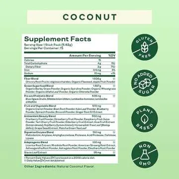 Bloom Nutrition Superfood Greens Powder Stick Packs, Digestive Enzymes with Probiotics and Prebiotics, Gut Health, Bloating Relief for Women, Chlorella, Green Juice Mix, 15 SVG, Coconut