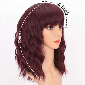 AISI HAIR Curly Bob Wig with Bangs Short Wavy Wine Red Color Wigs for Women Bob Style Synthetic Heat...