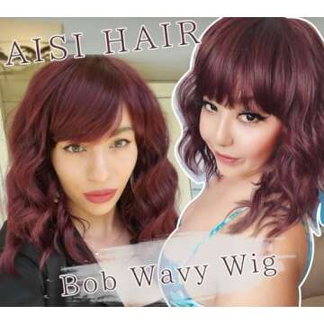 AISI HAIR Curly Bob Wig with Bangs Short Wavy Wine Red Color Wigs for Women Bob Style Synthetic Heat Resistant Bob Wigs