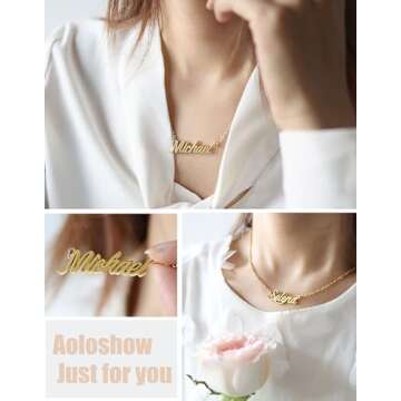 Aoloshow Nessa Name Initial Necklace Stainless Steel 18k Gold Plated Layering Nameplate Necklace Jew...