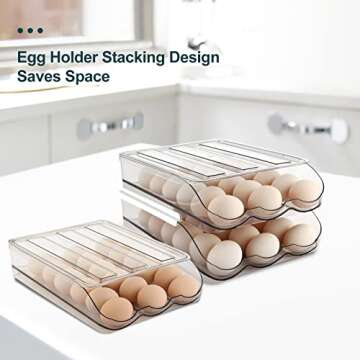 MesRosa Large Capacity Egg Holder,Automatically Rolling Egg Storage Container for Refrigerator,Egg Organizer for Fridge with Lid,Clear Plastic Egg Dispenser,Egg Tray & Box -3 Layer