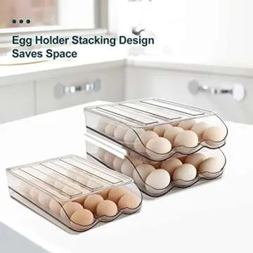 MesRosa Large Capacity Egg Holder,Automatically Rolling Egg Storage Container for Refrigerator,Egg Organizer for Fridge with Lid,Clear Plastic Egg Dispenser,Egg Tray & Box -3 Layer