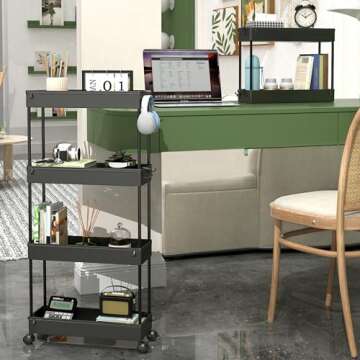 SPACEKEEPER Slim Rolling Storage Cart 4 Tier Organizer Mobile Shelving Unit Utility Cart Tower Rack for Kitchen Bathroom Laundry Narrow Places, Black