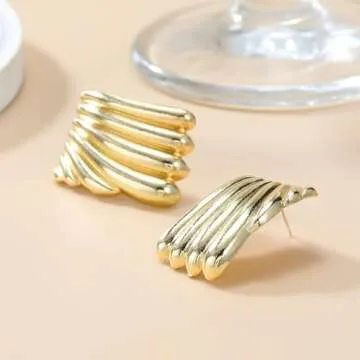 XYAYOU Minimalist Alloy Chunky Striped Rectangle Geometric Square Statement Stud Earrings for Women Jewelry (gold)