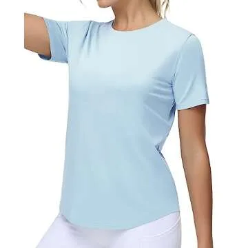 THE GYM PEOPLE Women's Workout Short Sleeve Breathable T-Shirts Athletic Yoga Tee Tops Light Blue
