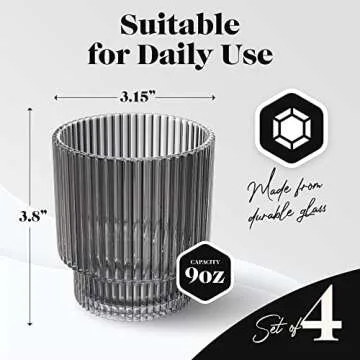 American Atelier Vintage Art Deco Fluted Drinking Glasses, Set of 4 Modern Kitchen Glassware Set | O...