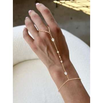 HEVOCY Gold Hand Chain Bracelet for Women: Dainty Ring Bracelet Hand Chain 14K Gold Plated Cubic Zirconia Bracelets Trendy Waterproof Bracelet for Wedding Bridal Jewelry