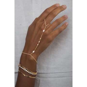 HEVOCY Gold Hand Chain Bracelet for Women: Dainty Ring Bracelet Hand Chain 14K Gold Plated Cubic Zirconia Bracelets Trendy Waterproof Bracelet for Wedding Bridal Jewelry