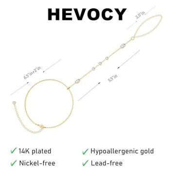HEVOCY Gold Hand Chain Bracelet for Women: Dainty Ring Bracelet Hand Chain 14K Gold Plated Cubic Zirconia Bracelets Trendy Waterproof Bracelet for Wedding Bridal Jewelry