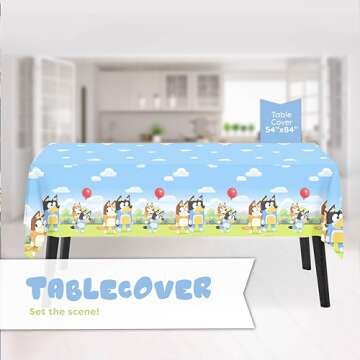 Unique Bluey Birthday Party Supplies and Decorations - Bluey Tablecover, Plates, Cups, Napkins, Button