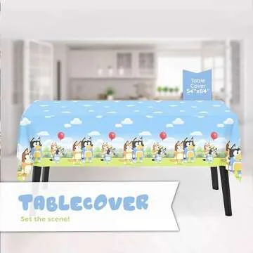 Unique Bluey Birthday Party Supplies and Decorations - Bluey Tablecover, Plates, Cups, Napkins, Button