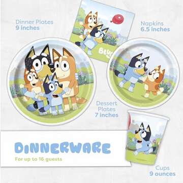 Unique Bluey Birthday Party Supplies and Decorations - Bluey Tablecover, Plates, Cups, Napkins, Button