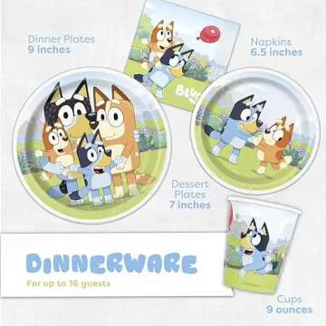 Unique Bluey Birthday Party Supplies and Decorations - Bluey Tablecover, Plates, Cups, Napkins, Button