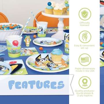 Unique Bluey Birthday Party Supplies and Decorations - Bluey Tablecover, Plates, Cups, Napkins, Button