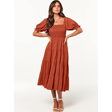 ANRABESS Casual Summer Midi Dress with Puff Sleeves