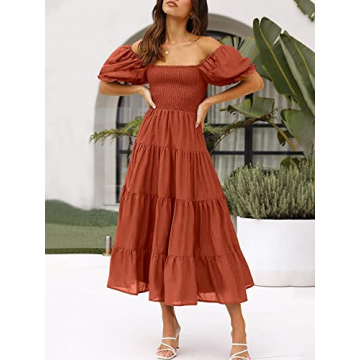 ANRABESS Casual Summer Midi Dress with Puff Sleeves