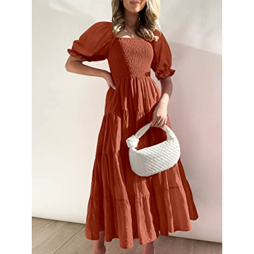 ANRABESS Casual Summer Midi Dress with Puff Sleeves
