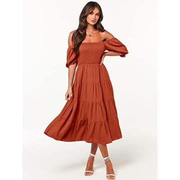 ANRABESS Casual Summer Midi Dress with Puff Sleeves