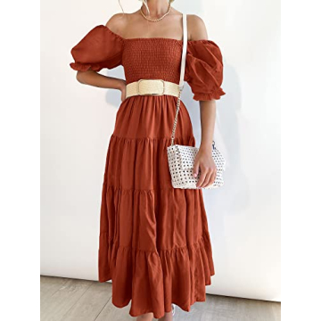 ANRABESS Casual Summer Midi Dress with Puff Sleeves
