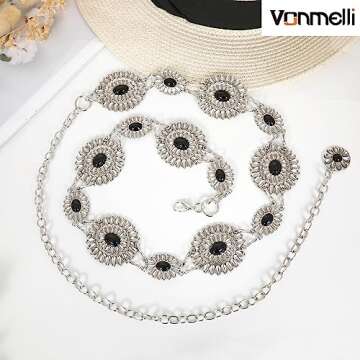 VONMELLI Western Belts for Woman Cowgirl Boho Concho Chain Waist Belt for Country Concert Dresses Jeans Black-Turquoise M