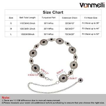 VONMELLI Western Belts for Woman Cowgirl Boho Concho Chain Waist Belt for Country Concert Dresses Jeans Black-Turquoise M