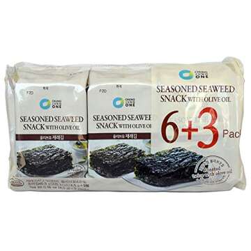 Chung Jung One Seasoned Seaweed Snacks (Kim Nori), Roasted with Oliver Oil, Product of Korea, 9 count (9 individual pack), 0.16oz (4.5g)