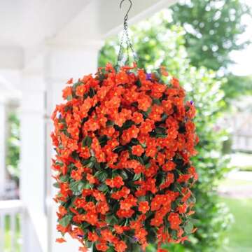 MJFloria Realistic Artificial Hanging Flower Basket - Faux Silk Autumn Orange Trailing Vines for Ind...