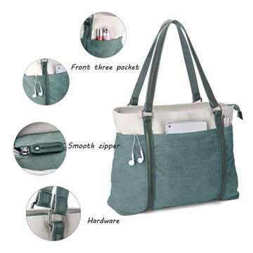 Wxnow Tote Bag for Women, Canvas Shoulder Bags Large Tote Bag Teacher Work 15.6 Laptop Bags Handbag Purse, Green