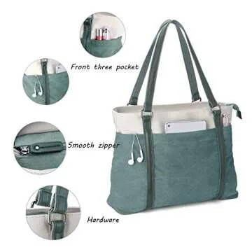 Wxnow Tote Bag for Women, Canvas Shoulder Bags Large Tote Bag Teacher Work 15.6 Laptop Bags Handbag Purse, Green