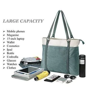 Wxnow Tote Bag for Women, Canvas Shoulder Bags Large Tote Bag Teacher Work 15.6 Laptop Bags Handbag Purse, Green