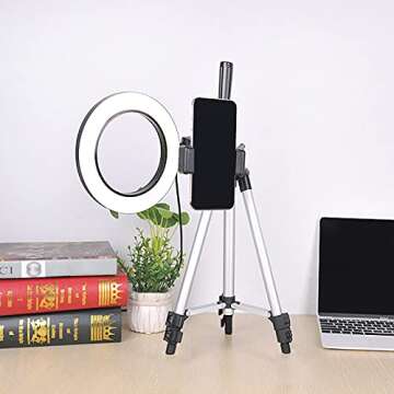 WongPing 6" Ring Light with Tripod Stand for YouTube Video Selfie Live Stream and Makeup Dimmable LED Camera Light with Cellphone Holder Desktop 48 Led Lamp