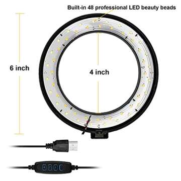 WongPing 6" Ring Light with Tripod Stand for YouTube Video Selfie Live Stream and Makeup Dimmable LED Camera Light with Cellphone Holder Desktop 48 Led Lamp