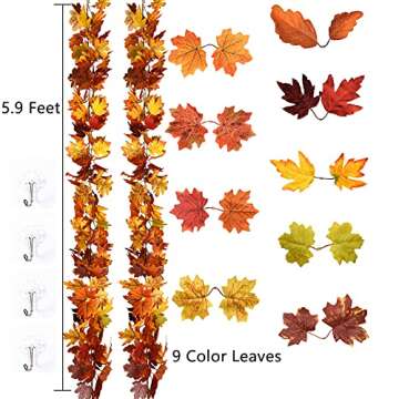 Artiflr 2 Pack Fall Maple Garland - 5.9ft/Piece Artificial Maple Leaf Garland Autumn Hanging Fall Leave Vines for Indoor Outdoor Wedding Thanksgiving Dinner Party Decor