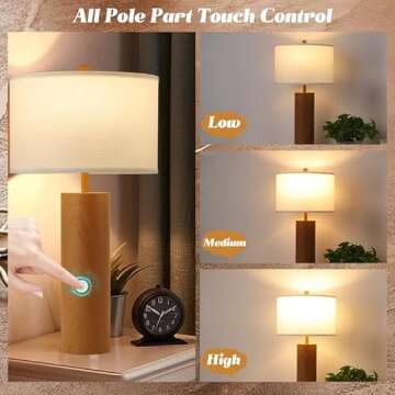 Easebri 28" Large Wood Grain Table Lamp Set of 2 Touch Control Table Lamp 3-Way Dimmable Nightstand Bedside Lamps w/White Shade Modern Tall End Table Lamps for Living Room Home Office Bulbs Included