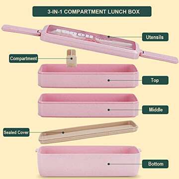 Iteryn Stackable Bento Box Lunch Box, Wheat Straw, 3-In-1 Compartment Japanese Lunch Containers Leakproof, Eco-Friendly Bento Lunch Box Meal Prep - 2 Pack