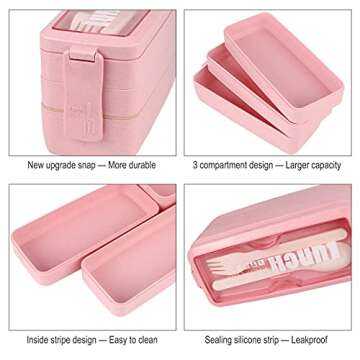 Iteryn Stackable Bento Box Lunch Box, Wheat Straw, 3-In-1 Compartment Japanese Lunch Containers Leakproof, Eco-Friendly Bento Lunch Box Meal Prep - 2 Pack
