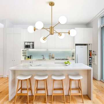 Lanmate Gold Sputnik Chandelier 6-Light Globe Sputnik Ceiling Light Fixture Mid Century Sputnik Chandeliers with Milk Glass Shade Height Adjustable for Kitchen Living Room Dining Room