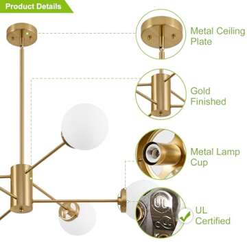 Lanmate Gold Sputnik Chandelier 6-Light Globe Sputnik Ceiling Light Fixture Mid Century Sputnik Chandeliers with Milk Glass Shade Height Adjustable for Kitchen Living Room Dining Room