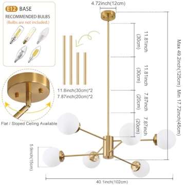 Lanmate Gold Sputnik Chandelier 6-Light Globe Sputnik Ceiling Light Fixture Mid Century Sputnik Chandeliers with Milk Glass Shade Height Adjustable for Kitchen Living Room Dining Room