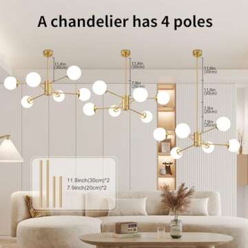 Lanmate Gold Sputnik Chandelier 6-Light Globe Sputnik Ceiling Light Fixture Mid Century Sputnik Chandeliers with Milk Glass Shade Height Adjustable for Kitchen Living Room Dining Room