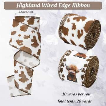 JarThenaAMCS Highland Cow Wired Edge Ribbon Cow Print Craft Ribbon White Brown Fabric Ribbon for Wre...
