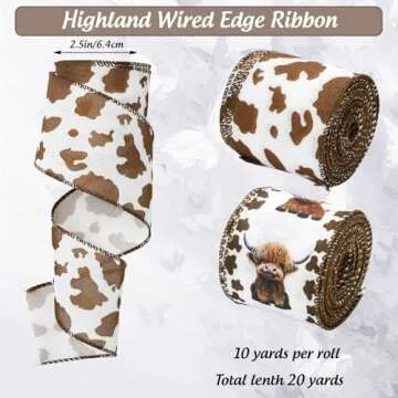 JarThenaAMCS Highland Cow Wired Edge Ribbon Cow Print Craft Ribbon White Brown Fabric Ribbon for Wre...