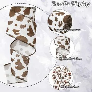 JarThenaAMCS Highland Cow Wired Edge Ribbon Cow Print Craft Ribbon White Brown Fabric Ribbon for Wreath Bow Making DIY Crafts Wrapping Party Decor Supplies, 2 Rolls, 20 Yard