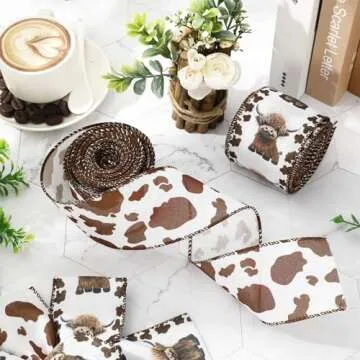 JarThenaAMCS Highland Cow Wired Edge Ribbon Cow Print Craft Ribbon White Brown Fabric Ribbon for Wreath Bow Making DIY Crafts Wrapping Party Decor Supplies, 2 Rolls, 20 Yard
